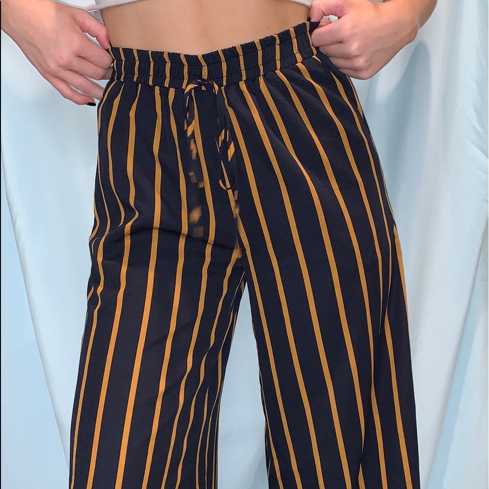 Wide Legged Navy and Gold Striped Dress Pants